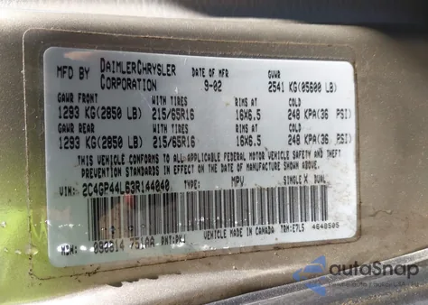 2003 Chrysler Town & Country Lx z USA, uszkodzony, nr VIN 2C4GP44L63R144040